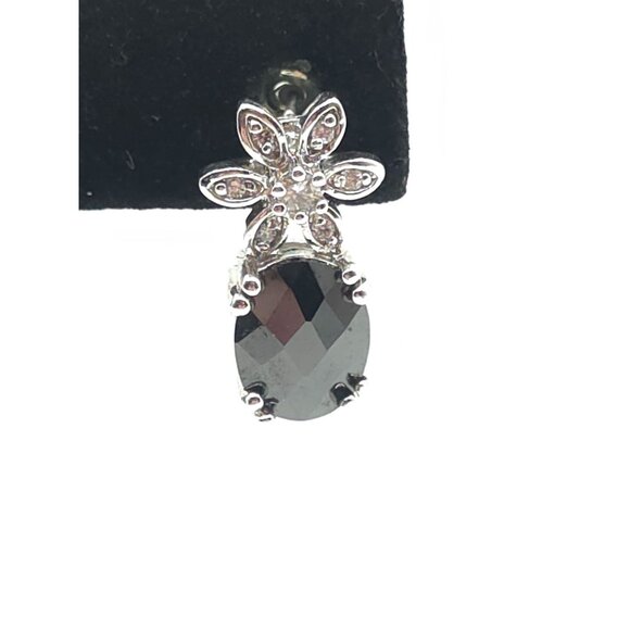 Silver Flower & Black Stone Drop Earrings With Sparkling Accents - Picture 2 of 6